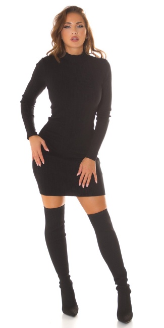Basic mini gebreide jurk met col zwart